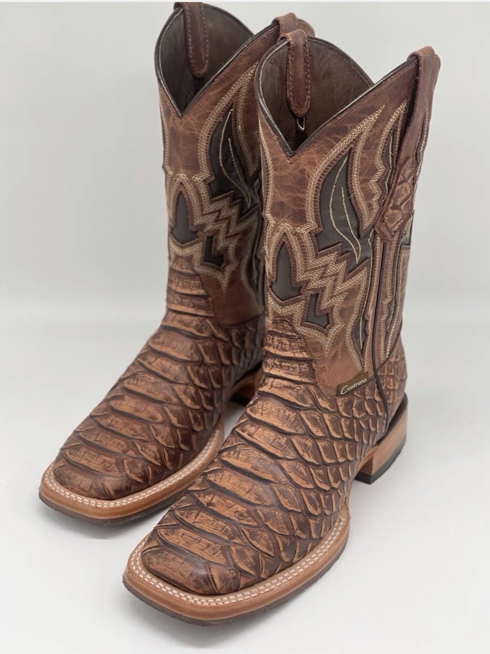 Cuatrero Men's Square Toe Python Print Cognac Rustic Boots-size 9